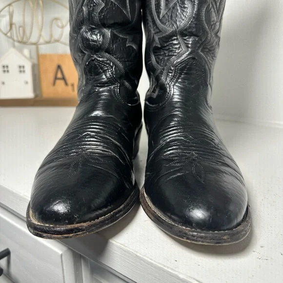 Larry Mahan Vintage Cowboy Boots Black Leather Western Boots Men’s 8.5 Wmn 10 - Picture 4 of 10